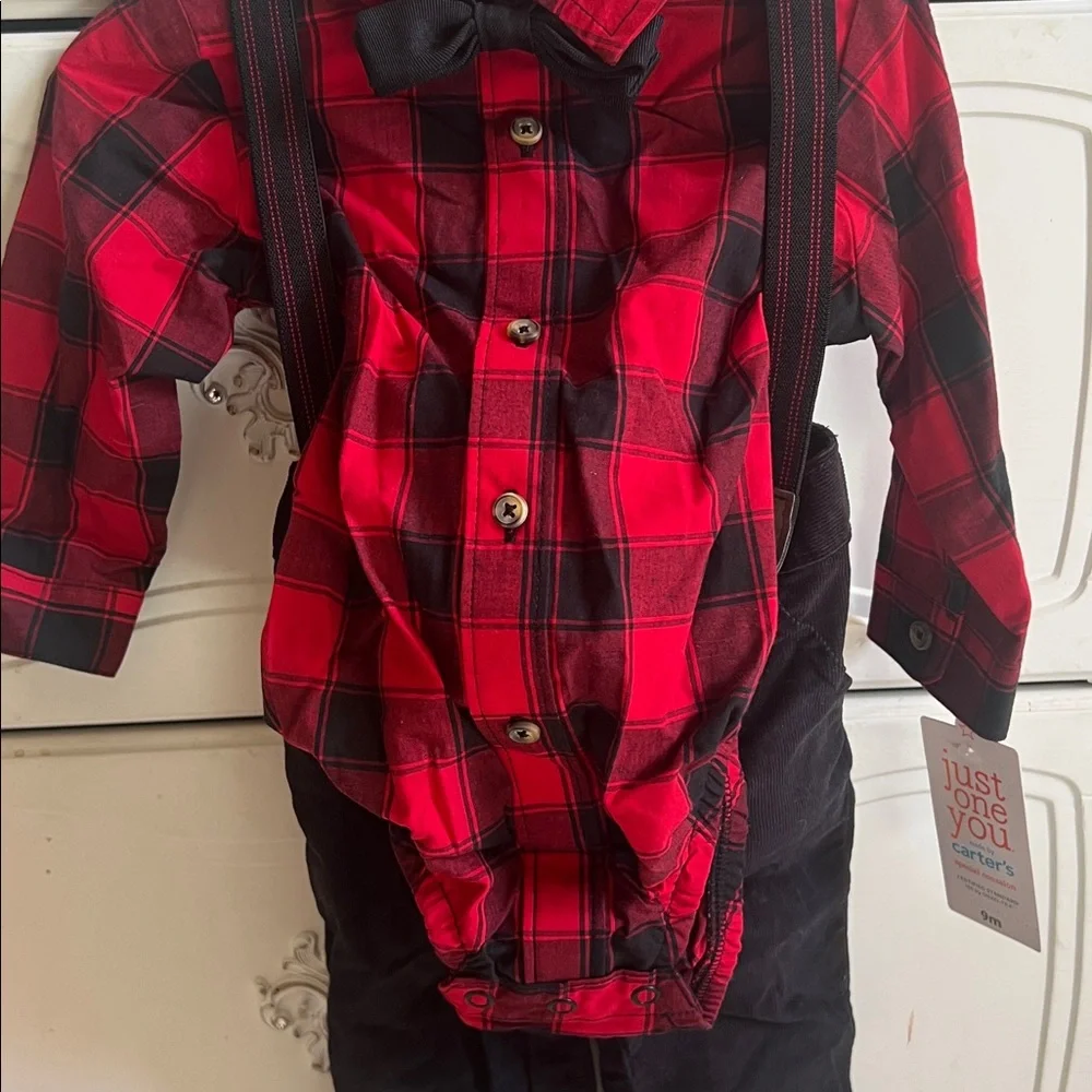 Red Plaid Shirt & Black Suspender Pants Set with bow tie for Kids NWT